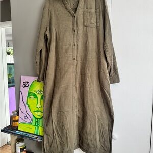 Caslon Olive Green Gauze Maxi Shirtdress - L - Boho Lagenlook Artist Smock